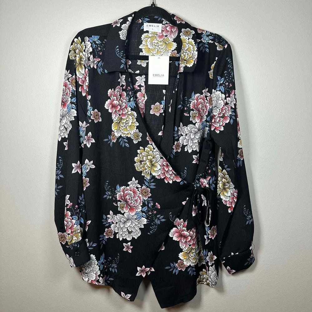 NWT Emelia Large Wrap Blouse Black Long Sleeve Floral Print Side Tie V-Neck